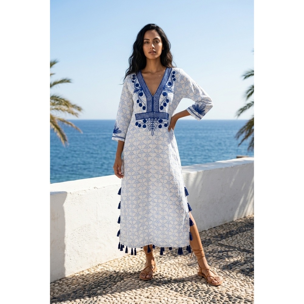 Roberta Roller Rabbit Serafina‎ Tunic Maxi Dress Embroidered Tassels